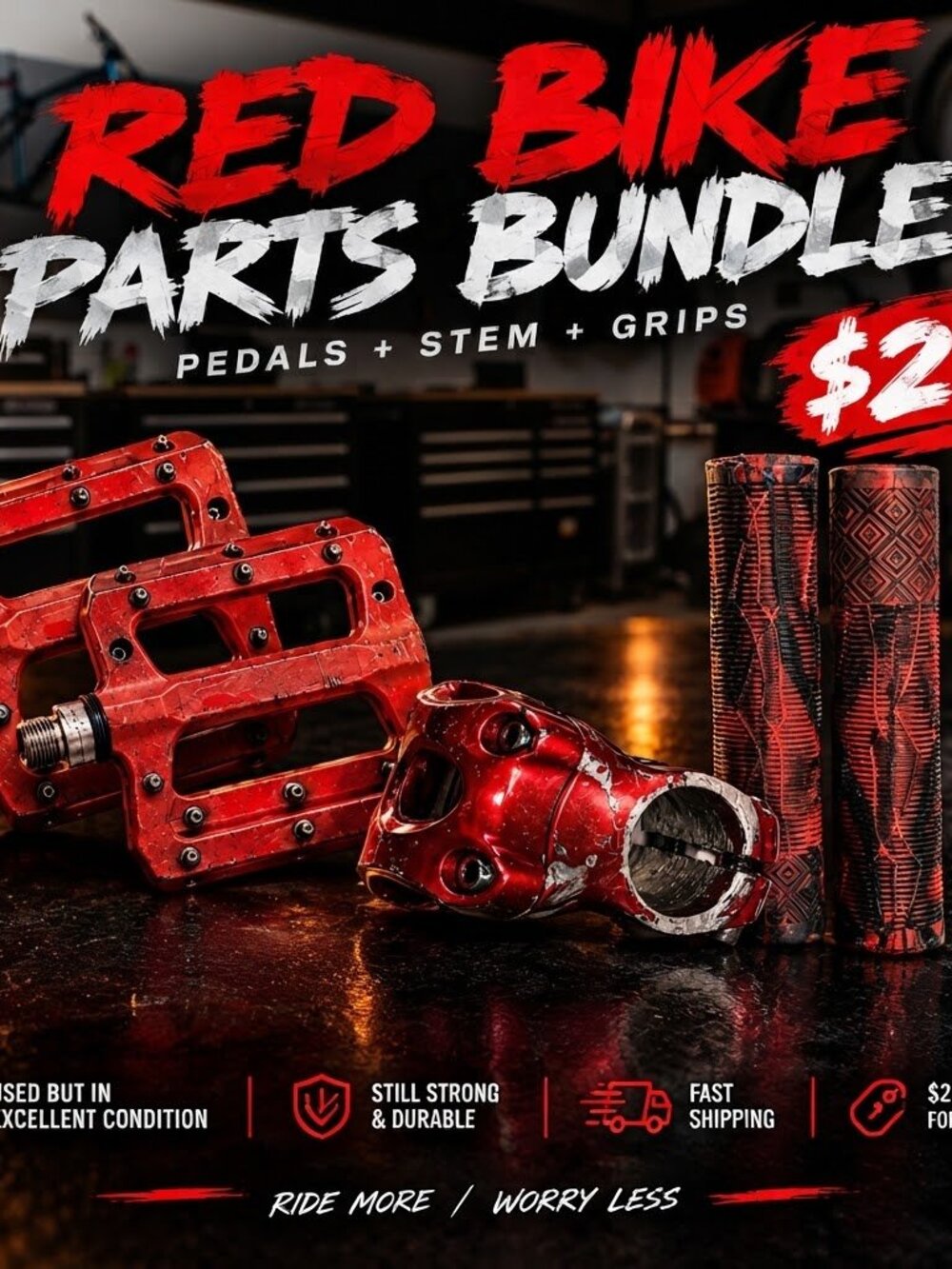 Red Bike Parts Bundle - Alloy Pedals, Short Stem & Rubber Grips